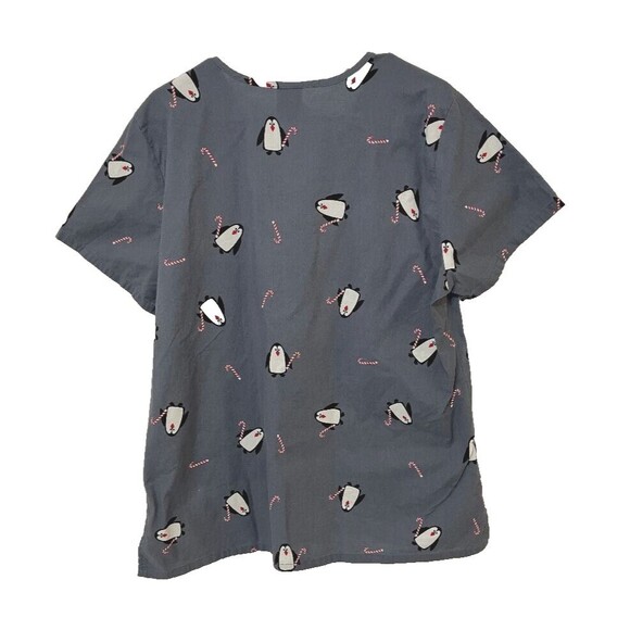 Nursing Scrub Top Women’s L Gray Christmas Penguin Print Candy Cane Uniform - Picture 3 of 8